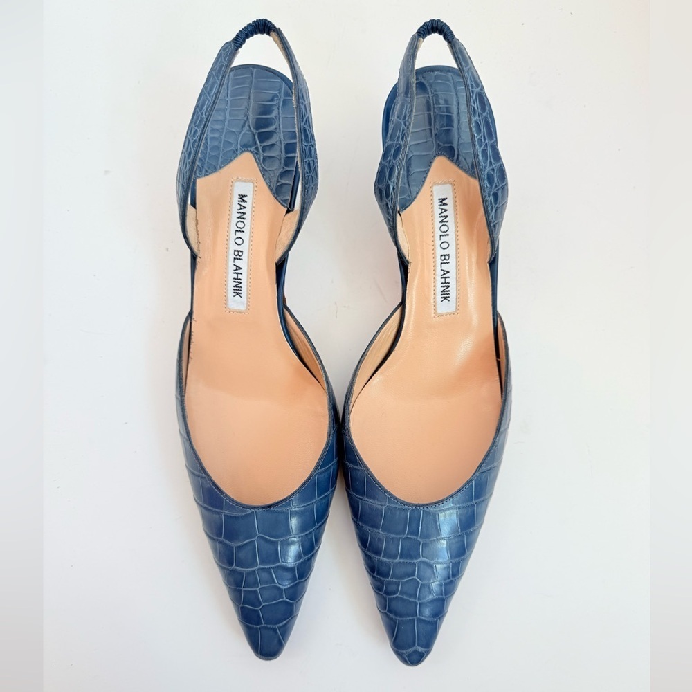 Manolo Blahnik Vintage Dark Blue Alligator Leather Carolyn slingback pumps EU 41 - Picture 3 of 9
